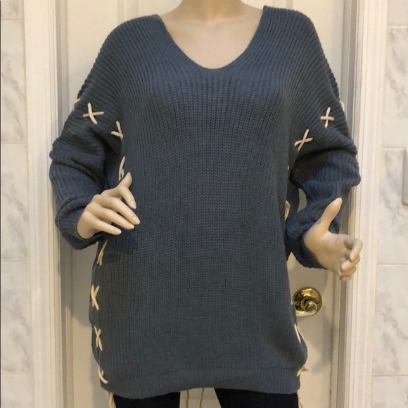 Last 1! GIRLY & FLIRTY LACE UP BLUE TUNIC SWEATER - Picture 5 of 8